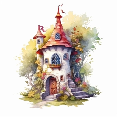 a detailed watercolor fairy house clipart, where delicate lines and vibrant hues create a charming dwelling for magical creatures to call home, 8k, fantasy style, white background