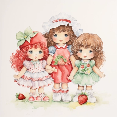 hand drawn strawberry shortcake doll and her friends, vintage 1980’s, watercolor, white background with margins, clipart style