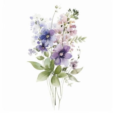 small flower bouquet, delicate flower, elegant, in the style of watercolor painting, etsy clipart, marriage flower clipart, white background, purple flowers