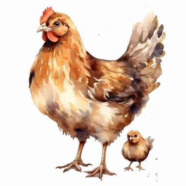 watercolor mother hen and baby chick, clipart on white background