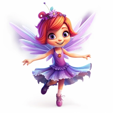 Playful little fairy with purple wings, twirling in mid-air, showcasing a happy expression, deep, expressive eyes, and shimmering wings, on a white background with rich, vibrant hues and high contrast. on white background, clipart