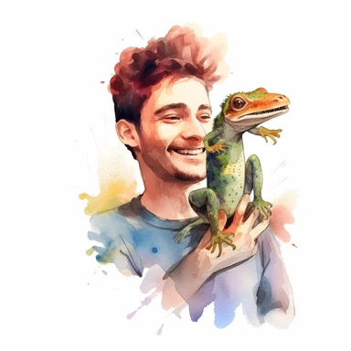 Adorable pet Gecko having happy moment with it's human owner, water color style, clipart, white background