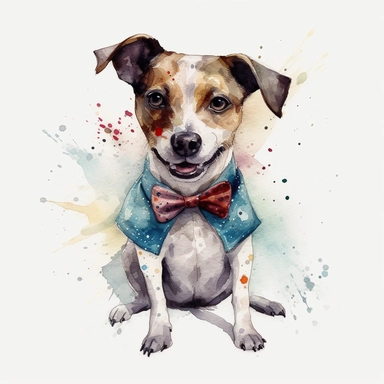 a moving dog dressed up, dressed up, happy smiling face, cute animal, adorable, playful atitude, adorable watercolor animal clipart, no background, high quality and very sharp image with clear focus