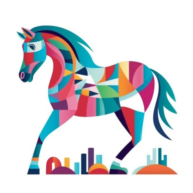 Colorful and vibrant colors to make clip art of a quirky horse on vacation with unique color combinations that stand out and evoke a sense of joy and cheerfulness with a white background
