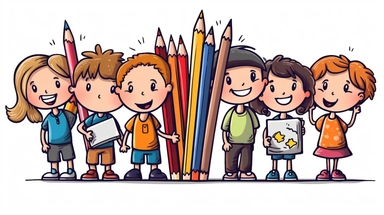 Draw cartoon characters, stick figures style, and schoolchildren,6 kids draw a picture, holding a pencil, holding a palette, white background,clipart,