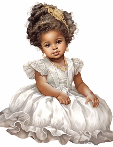 gorgeous african american baby girl in victorian dress, clipart, Composition: Relaxed position with intricate high hairstyle, Style: gothic, white background, hyperrealism, 32k