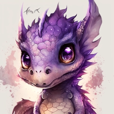 a watercolor painting of a Tiny cute adorable baby dragon looking directly into the camera and slightly smiling, dragon has little braid of hair in the centre, purplr color with purple eyes, watercolor painted effect skin, intricate details, glass eyes, skip has watercolor painting effect, soft cinematic lighting, 8k, portrait, Pixar style character, pokemon anime style octane render, upper body only, inspired by Hanns Katz, logo, pastel colors, liquid cooled, 70's, clipart, chill out, retro, fu