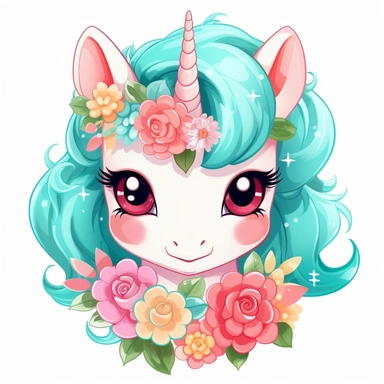 a unicorn made from cute floral flowers clipart, in the style of kawaii aesthetic, digital airbrushing, junglecore, 8k, charming anime characters, tondo, white and cyan