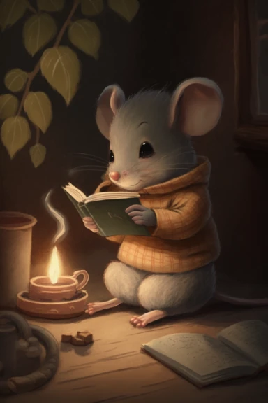 muted natural illustration of a mouse dressed in cozy scene by the fireplace writing in a journal with a teacup next to it, cute, clipart