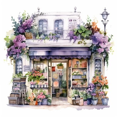 Big fantasy Watercolor floral Flower Shop store Clipart, make it detailed and creative, white background