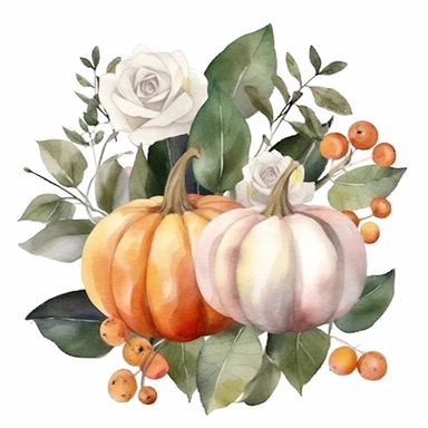 Autumn Pumpkin, Autumn Rose Bouquet, Green Leaves, Gray Eucalyptus Leaves, White Fruits, Watercolor, Clipart, Illustration, French Style, White Background