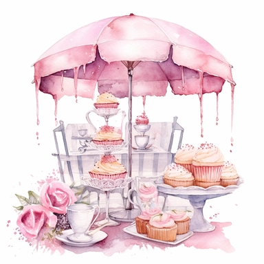 Breathtaking and magical watercolor clipart of a scenic oudoor picknic with a pink umbrella and pink banket and fancy beautifully decorated cakes , teacups and teapots and on a white background