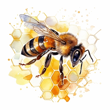 Watercolor, Honey Bee with six legs, honey comb, cute, clip art, white background