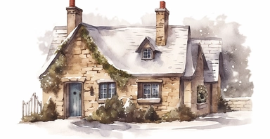 Cute English Cottage, snowy, watercolor clipart