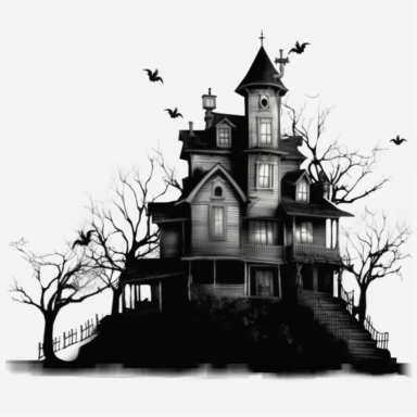 scary dark haunted house halloween silhouettes ultra highly detailed, 18k, sharp focus, high definition, intricate detailed png image, 300dpi, graphic clipart, computer graphics, With white background for removing, no text on image