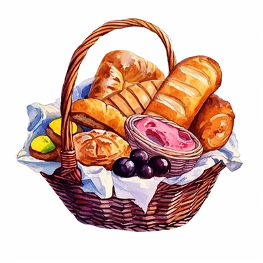 watercolor various breads on a white background with basket baskets full, in the style of grandparentcore, light maroon and light gold, poignant, loose gestures, made of all of the above, radiant clusters, folk/naïve Clipart desert cartoon t-shirt graphic, vector,contour, isolated on a white background