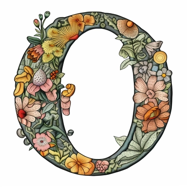 Floral Machine Embroidery, detailed illustration, clipart, white background, letter O