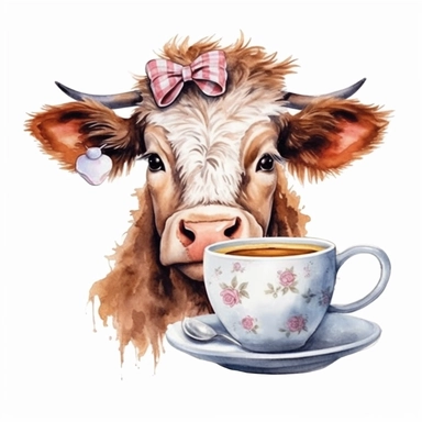 Cute Beautiful Ice Cow drinking coffee Watercolor Sublimation Clipart,Cartoon, hyper realistic, intricate detail, illustration style,high solution,on the white background