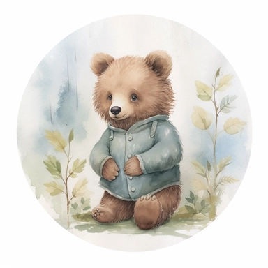 baby brown bear,neutral nursery art,cute bear, Baby attire,intricate,disney, baby light green,baby light blue, baby light ocher,hairy, cotton, beautiful trees,enchanted Forest,realism, watercolor painting, enchanted Forest, solid background, white background, vintage outfit, oil painting, photobashing, tattoo design,clipart--v 5.1