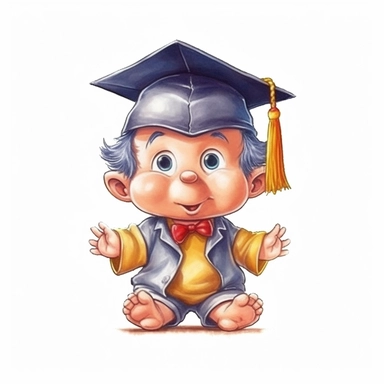 super-cute baby gnome with graduation cap, Perfect for nursery art and children's book illustration style, simple, cute, full color, clipart, watercolor illustration 2.5d, single object, high definition 8k, white background for removing background