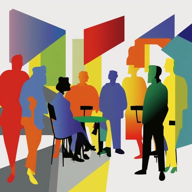 a group of people walk through a neighborhood pointing and talking at different features and amenties. Each person is a different bright primary color in a clipart style. Very simple geometry and almost abstract.