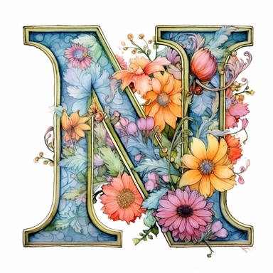 Pastel Vintage Flower Alphabet  M  Watercolor and ink Clipart, Cartoon, anime, hyper-realistic, high contrast, intricate detail, illustration style, high solution on the white background, J