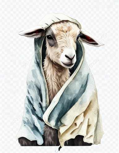 baby goat in a blanket, watercolor clipart, transparent background