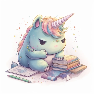 Chubby cartoon Unicorn studying for school, highly detailed, anime, adorable, pastel,clipart