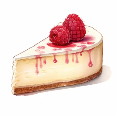 This highly detailed watercolor clipart depicts a heavenly White Chocolate Raspberry Cheesecake on a pristine white background. The artwork showcases the luxurious combination of creamy white chocolate and tart raspberries. The cheesecake is exquisitely rendered with intricate brushstrokes, highlighting its velvety texture and rich flavor. Plump raspberries add a vibrant burst of color, enhancing the visual appeal. Against the clean white backdrop, this clipart exudes an irresistible allure, mak