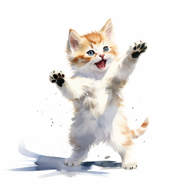 A happy kitten dancing, watercolor painting by JOHN SINGER SARGENT, clipart, white background
