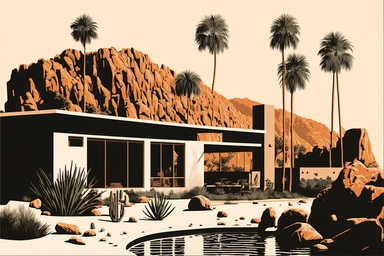 letraset clipart of a midcentury brutalist house and swimming pool in palm springs, 1960's, happy, friendly, washingtonia palms, low camera angle, pool, bob peak, slim arrons