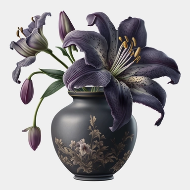 Watercolor dark purple Lily clipart in grey vase. no text. lifelike. 4k. 8k. No background. No shadows