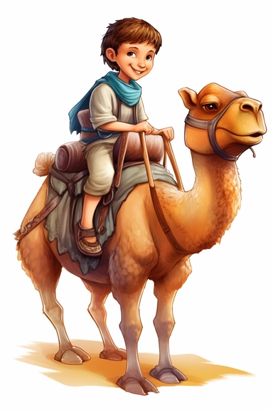 a little boy riding a camel, details, cartoon style, 3D watercolor clip art carrier, creativity and imagination, high-definition, white background