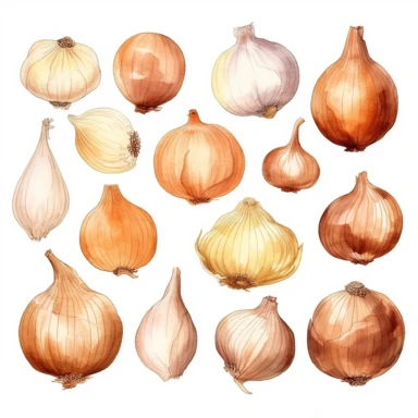 semi photorealistic outlined watercolor illustration, clipart elements, collection [onions vegetable] cozy elements, detailed, pastels, beige, spaced, isolated white background