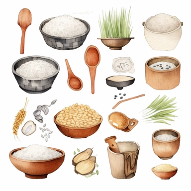 Watercolor 반찬, illustrations clipart set, simple, soft colors, cartoon elements, different variants, rice, 김치, 도라지나물, 가지나물, 파전, 단무지, 잡채, 미역무침, 콩나물, porcelain elements, chopsticks , separate elements with a margin