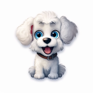 a small white poodle dog, disney style cartoon dog with large eyes, in the style of animated gifs, pet portrait, in the style of disney animation, in the style of animated gifs, Disney films, cartoon style, clipart, white background