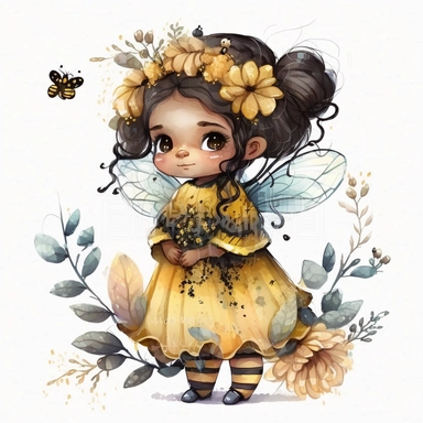 A cute little fairy in bumblebee dress, isolated subject, folklore artstyle, watercolor clipart, whitebackground