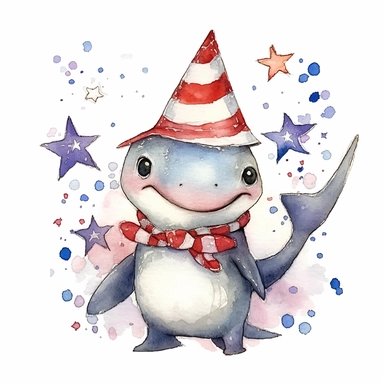 4th of july,cutest little nursery shark with big eyes, full body, pen and ink with watercolor, seaweed, jelly fish, little fish, pearlescent horn, sparkles, glittery, clipart sheet, nurseycore