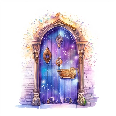 cartoon fairy door, glowing lights and sparkles, purple gold and blue, glamorous realistic and detailed, watercolor, white background with margins, clipart style