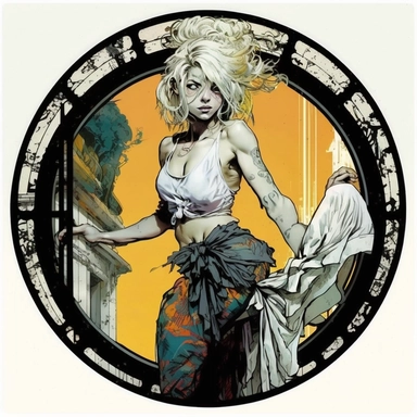platinum blonde Orientalism bohemian grunge young woman Super Saiyan, handpainted enamel, clipart illustration, circle white background, circular compound design border