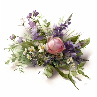 a simple gorgeous wildflowers and flowers corsage with ribbon and greenery on white background clipart, purple, lilac, and lavender with touches of greenery color theme, watercolor painting realistic, high quality, vibrant, Vicente Romero Redondo, Willem van Aelst, Elsa Beskow