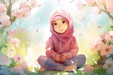 Little muslim girl, wearing pink hijab, sitting in a serene garden surrounded by blooming flowers and butterflies, illustration for book, children's book, multiple positions, five years old, Watercolor Clipart, strybk, full Illustration, 4k, sharp focus, watercolor, smooth soft skin, symmetrical, soft lighting, detailed face, concept art, watercolor style, strybk, children's style fairy tales, chibi kawaii, . Octane rendering, 3d. Perfect face, detailed face, delicate face, perfect sharp lips, d
