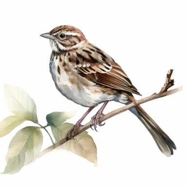a single watercolor Song Sparrow sitting on a leafy branch clipart, hd, white background, spaced out