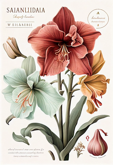 vintage amaryllis flower clipart, white background, muted colors