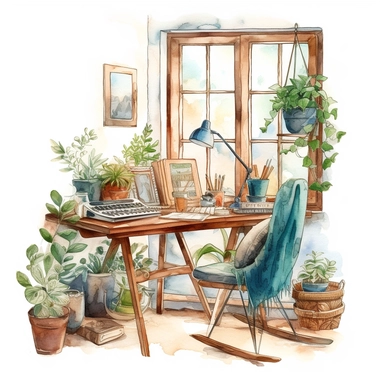A boho style home working corner with watercolor effect,boho style tools,boho style big window,,boho style details,boho colors,suitable for digital clipart,white background,boho style green plants,boho flowers