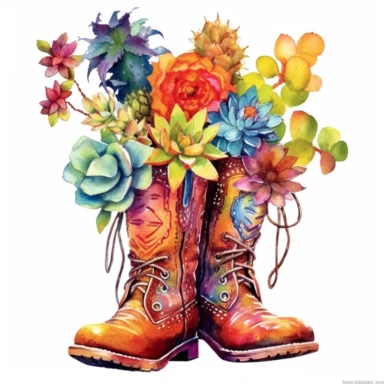 Craft a mesmerizing watercolor clipart illustration on a white isolated background vector, showcasing intricately designed leather cowboy boots embellished with an explosion of colorful floral patterns, surrounded by a diverse and captivating array of cactus and succulents. Take inspiration from the artistic style of Jean Haines, a talented watercolor artist recognized for her vibrant and spontaneous brushstrokes, to infuse the composition with a sense of movement and vitality, evoking the beaut