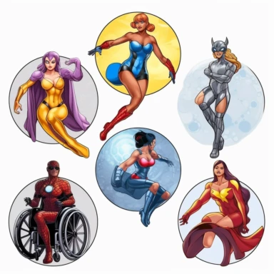 6 clipart elements, series of very hyperdetailed colorful stickers, beautiful superhero women with disabilities using aids, marvel style, superheros, each sticker with a clear white outline between each element, light grey background, realistic