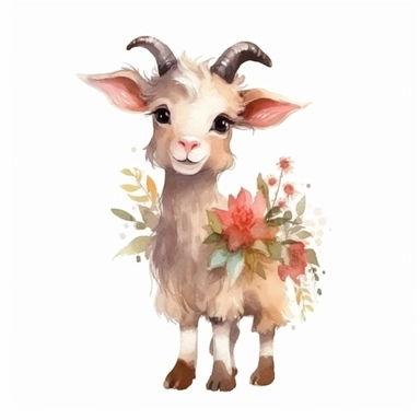 a standing baby horned goat with cute big eyes, happy smiling face, cute animal, adorable, playful atitude, adorable watercolor animal clipart with a few plant and flower decor, no background, high quality