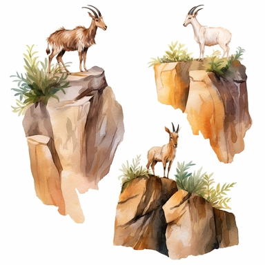 Watercolor wild goats climbing rocks in mountain , illustrations clipart set, simple , cartoon elements, rocks, bushes , different variants , , separate elements with a margin