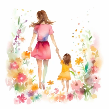 DetailedMother's day clipart featuring a smiling mother and child, holding hands while walking in a garden full of vibrant flowers and blooming trees, capturing the love and warmth between them, Watercolor painting, using soft pastel colors and light brush strokes to create a dreamy effect water color Mother, super cute, solid white background, clipart, motherhood